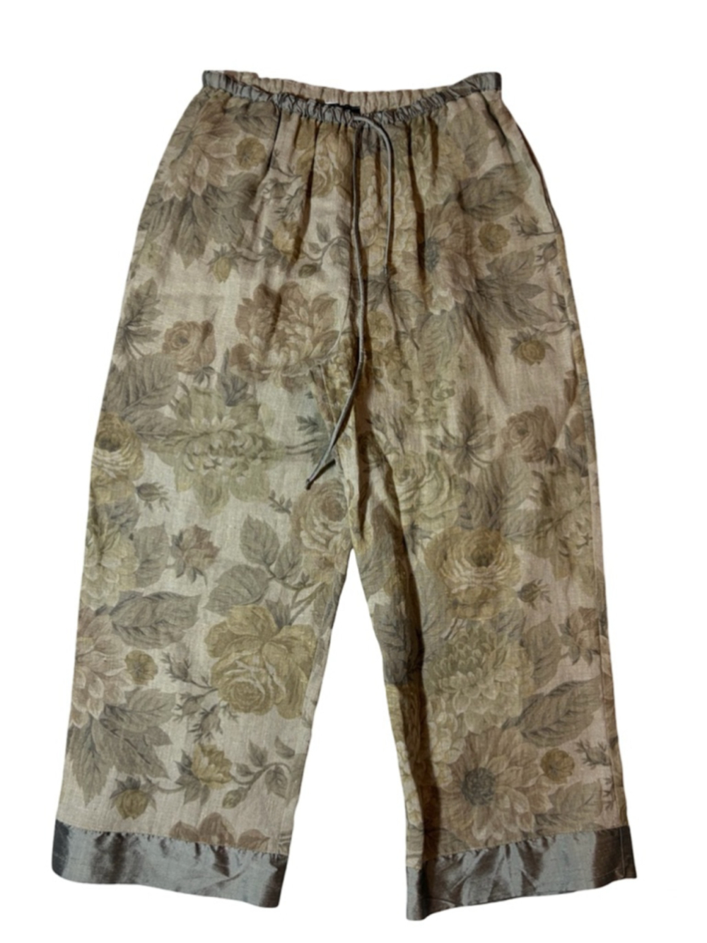 Carol Anderson Collection Linen Floral Wide Leg Pants Silk Trim Medium